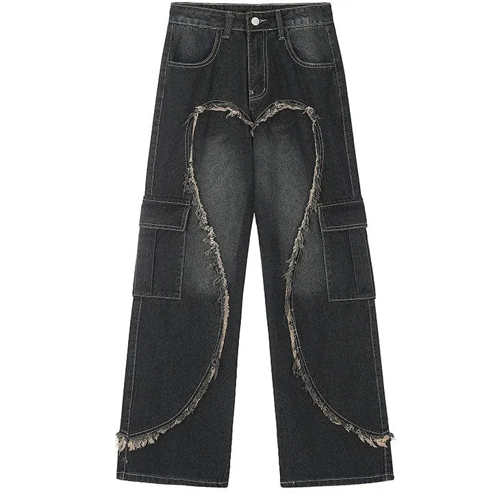 Sneakerhill® Patchwork Fringe Heart Wide Leg Jeans - sneakerhillcom