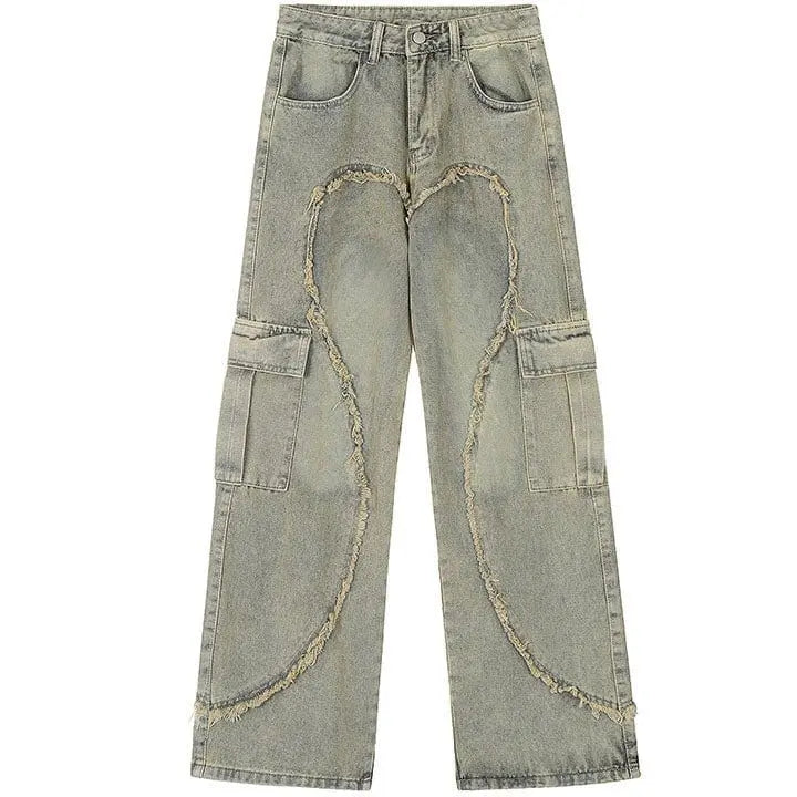 Sneakerhill® Patchwork Fringe Heart Wide Leg Jeans - sneakerhillcom