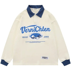 Sneakerhill® Preppy Polo Collar Sweatshirt Embroidery Mountain Sneakerhill