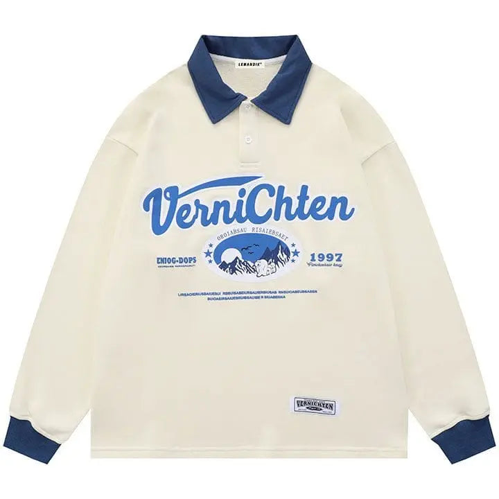 Sneakerhill® Preppy Polo Collar Sweatshirt Embroidery Mountain Sneakerhill