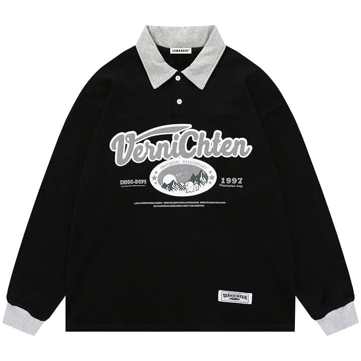 Sneakerhill® Preppy Polo Collar Sweatshirt Embroidery Mountain Sneakerhill