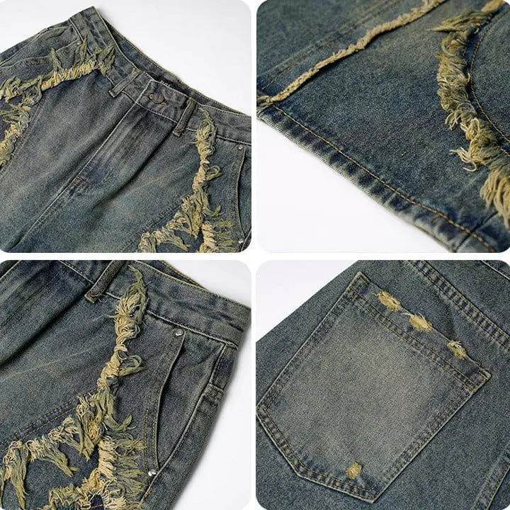 Sneakerhill® Retro Washed Fringe Denim Shorts - sneakerhillcom