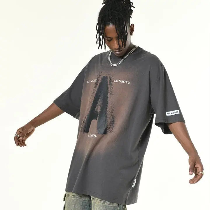 Sneakerhill® Retro Washed T-shirt Letter A - sneakerhillcom