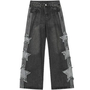 Sneakerhill® Retro Washed Wide Leg Jeans Side Star Patch - sneakerhillcom