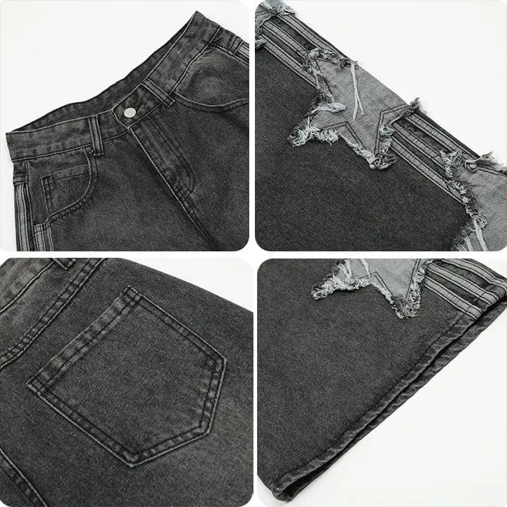 Sneakerhill® Retro Washed Wide Leg Jeans Side Star Patch - sneakerhillcom