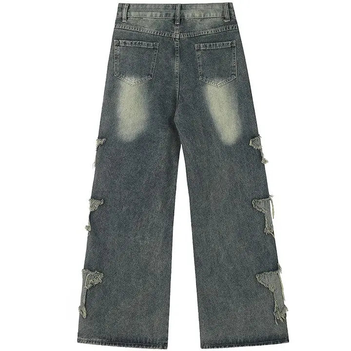 Sneakerhill® Retro Washed Wide Leg Jeans Side Star Patch - sneakerhillcom