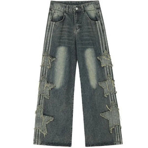 Sneakerhill® Retro Washed Wide Leg Jeans Side Star Patch - sneakerhillcom