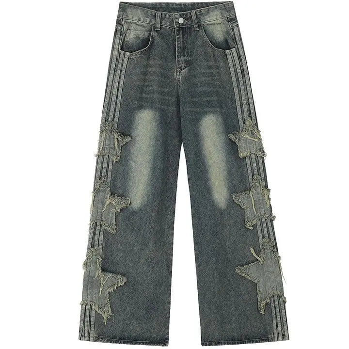 Sneakerhill® Retro Washed Wide Leg Jeans Side Star Patch - sneakerhillcom