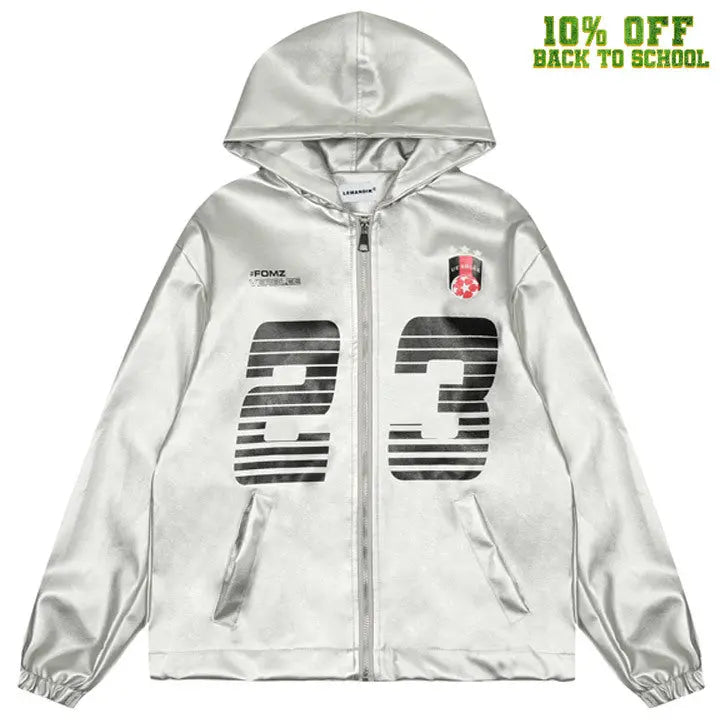 Sneakerhill® Silver Faux Leather Zipper Hoodie 23 Print - sneakerhillcom