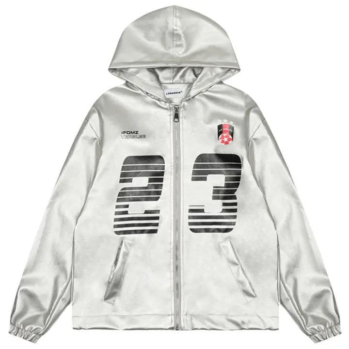 Sneakerhill® Silver Faux Leather Zipper Hoodie 23 Print - sneakerhillcom