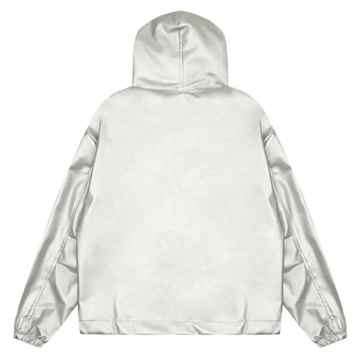 Sneakerhill® Silver Faux Leather Zipper Hoodie 23 Print - sneakerhillcom