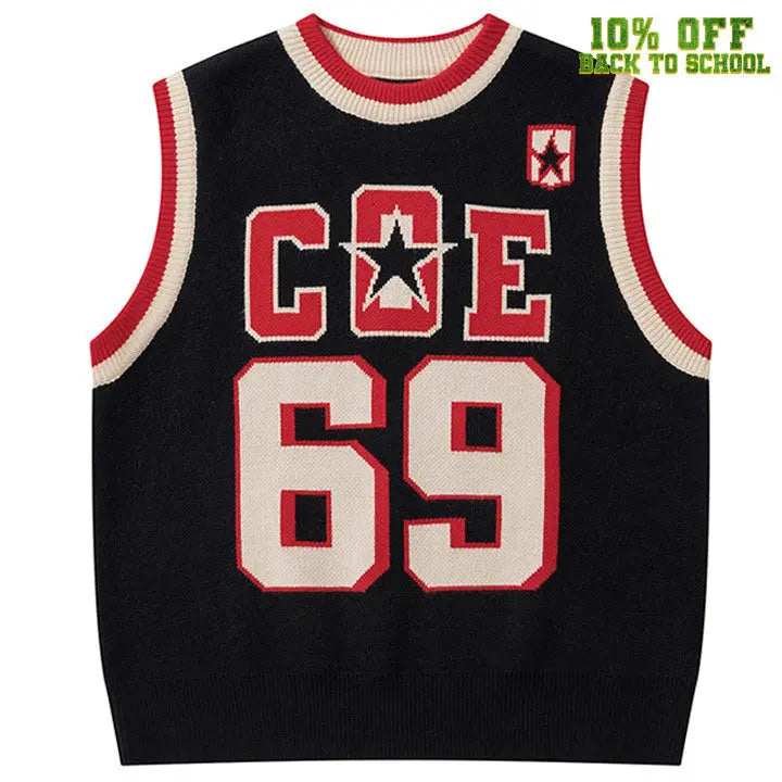 Sneakerhill® Star Varsity Sweater Vest Number 69 - sneakerhillcom