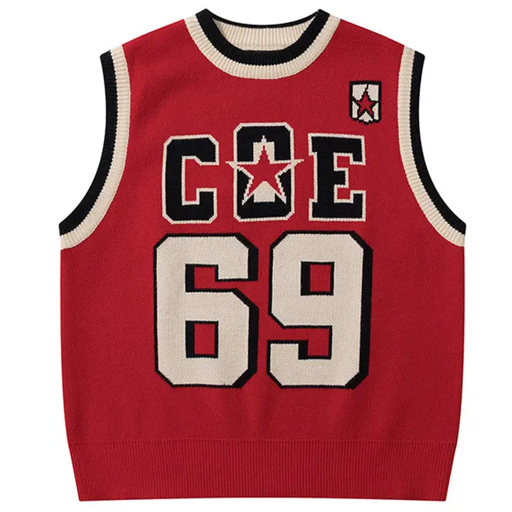 Sneakerhill® Star Varsity Sweater Vest Number 69 - sneakerhillcom