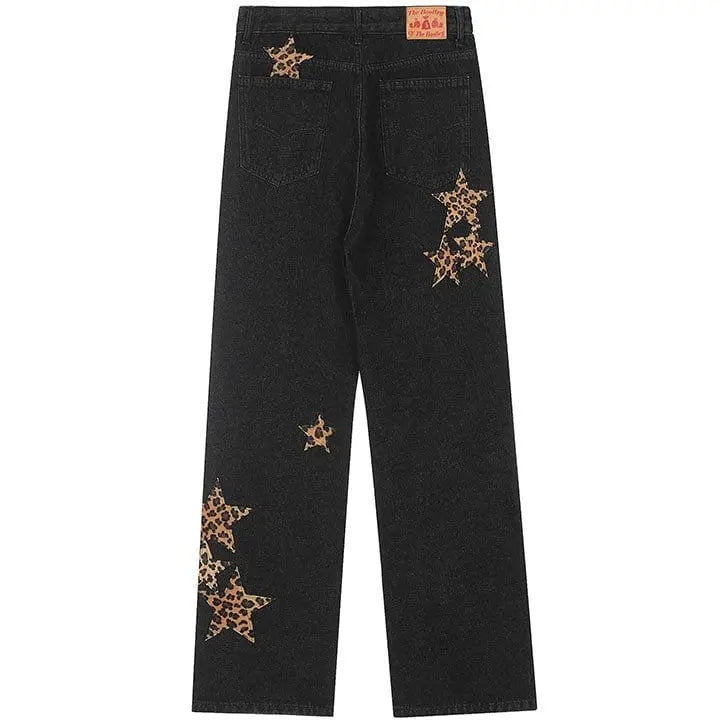 Sneakerhill® Straight Leg Jeans Leopard Star Patch - sneakerhillcom