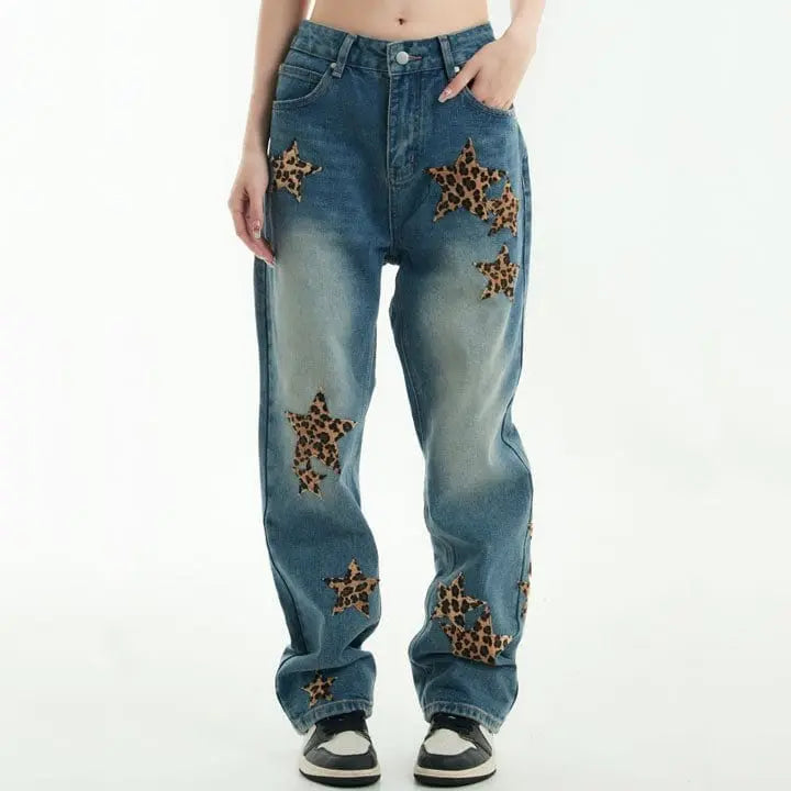 Sneakerhill® Straight Leg Jeans Leopard Star Patch - sneakerhillcom