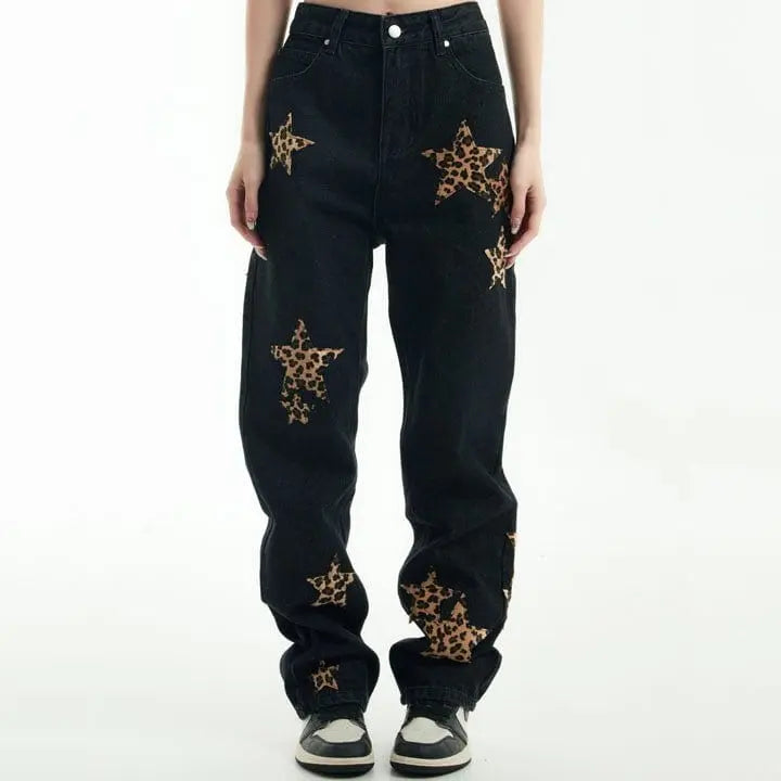 Sneakerhill® Straight Leg Jeans Leopard Star Patch - sneakerhillcom