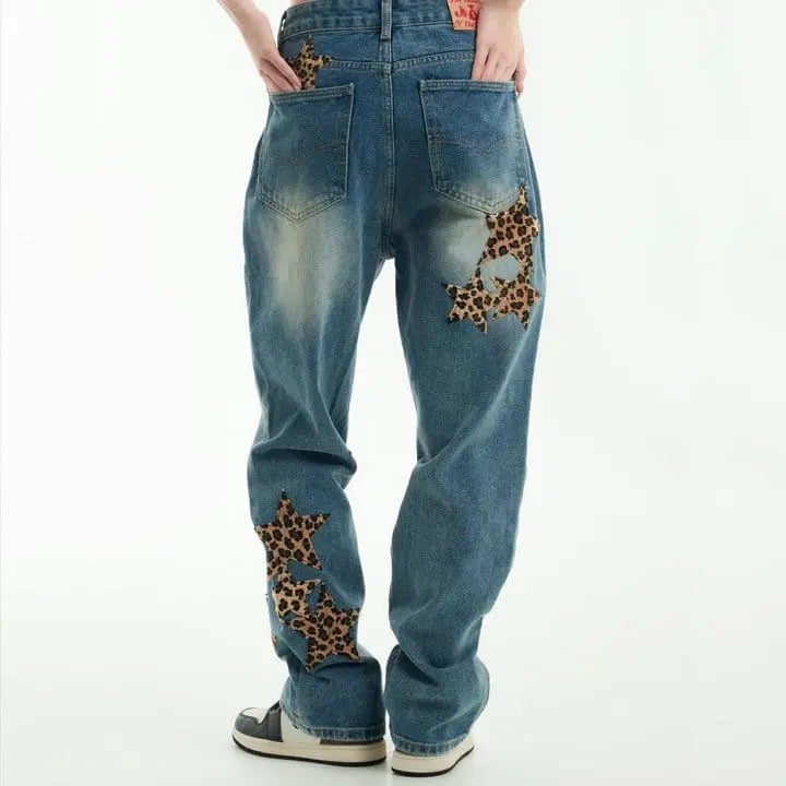 Sneakerhill® Straight Leg Jeans Leopard Star Patch - sneakerhillcom