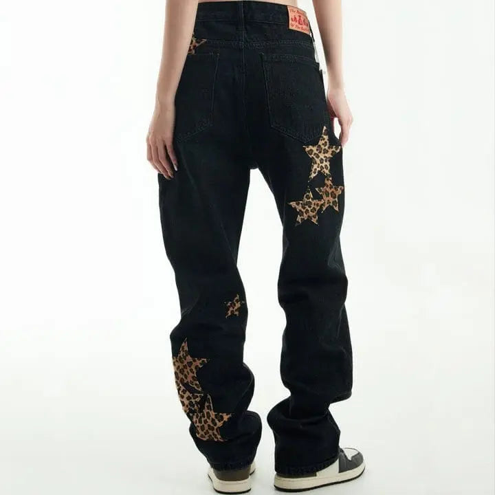 Sneakerhill® Straight Leg Jeans Leopard Star Patch - sneakerhillcom