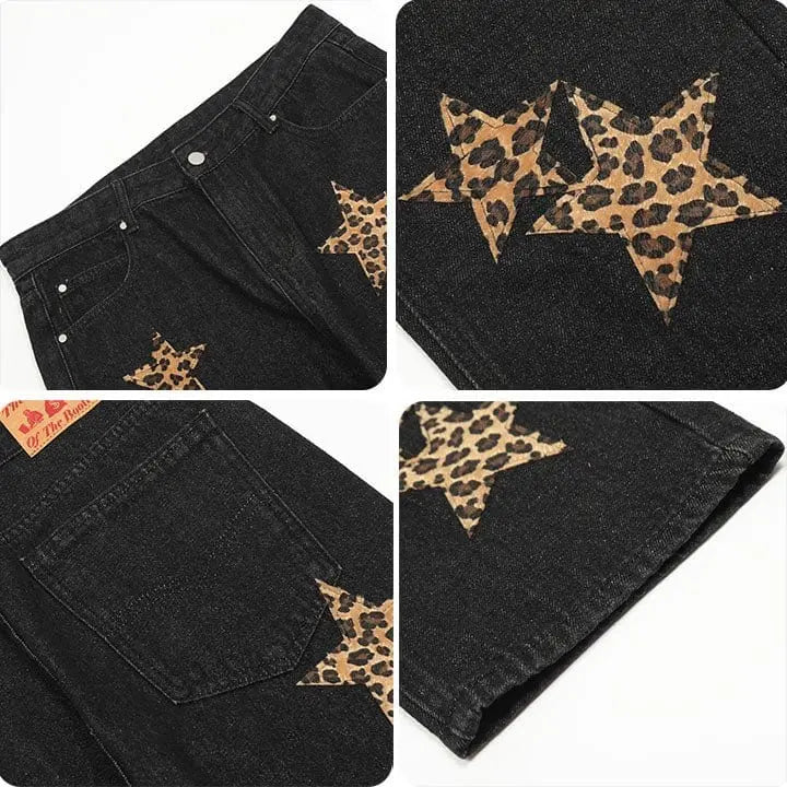 Sneakerhill® Straight Leg Jeans Leopard Star Patch - sneakerhillcom