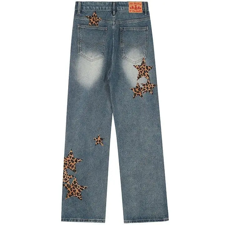 Sneakerhill® Straight Leg Jeans Leopard Star Patch - sneakerhillcom