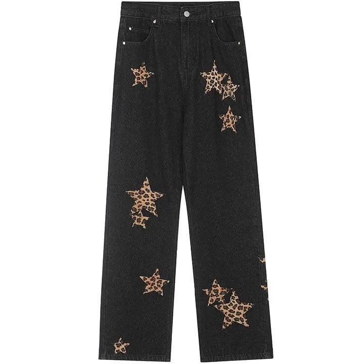 Sneakerhill® Straight Leg Jeans Leopard Star Patch - sneakerhillcom