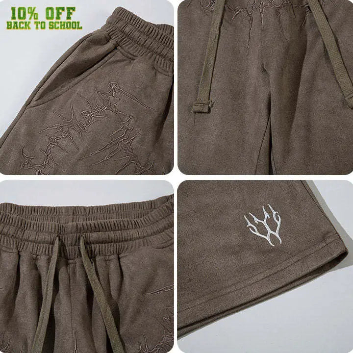 Sneakerhill® Suede Shorts Embroider Thorns Wings - sneakerhillcom