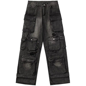 Sneakerhill® Unique Utility Cargo Jeans Multiple Pockets - sneakerhillcom