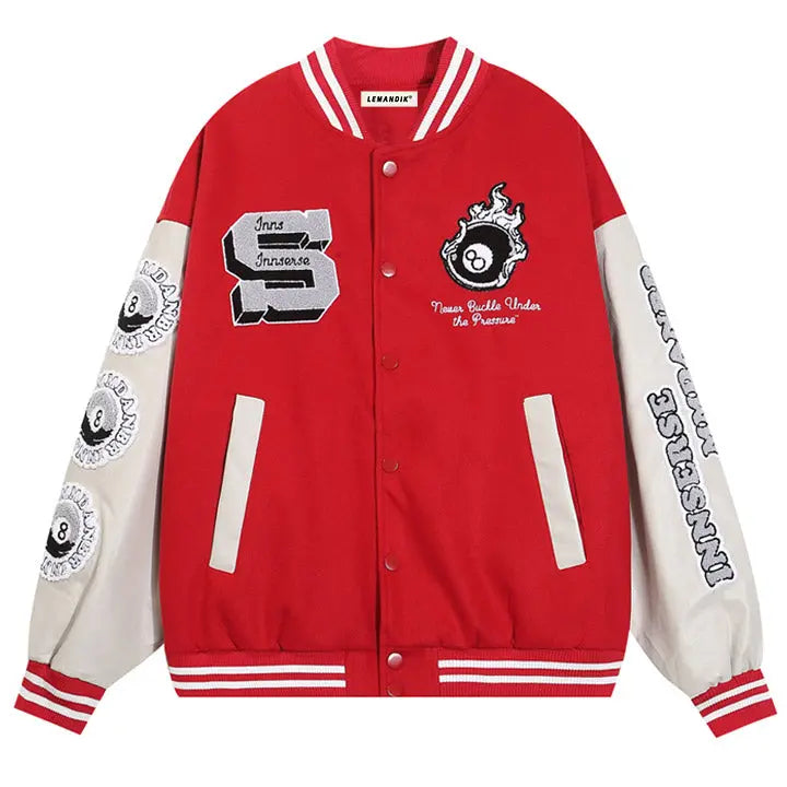 Sneakerhill® Unisex Varsity Jacket Eight Ball Patch - sneakerhillcom