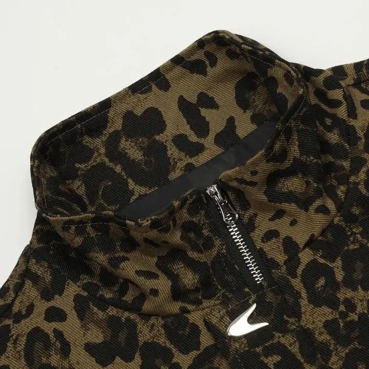 Sneakerhill® Vintage Leopard Print Denim Jacket - sneakerhillcom