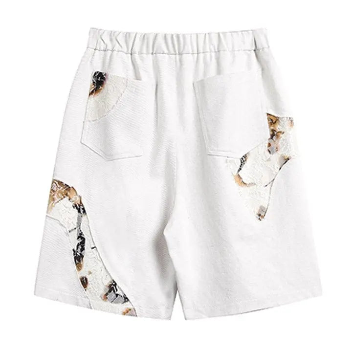 Sneakerhill® White Flame Patchwork Shorts - sneakerhillcom