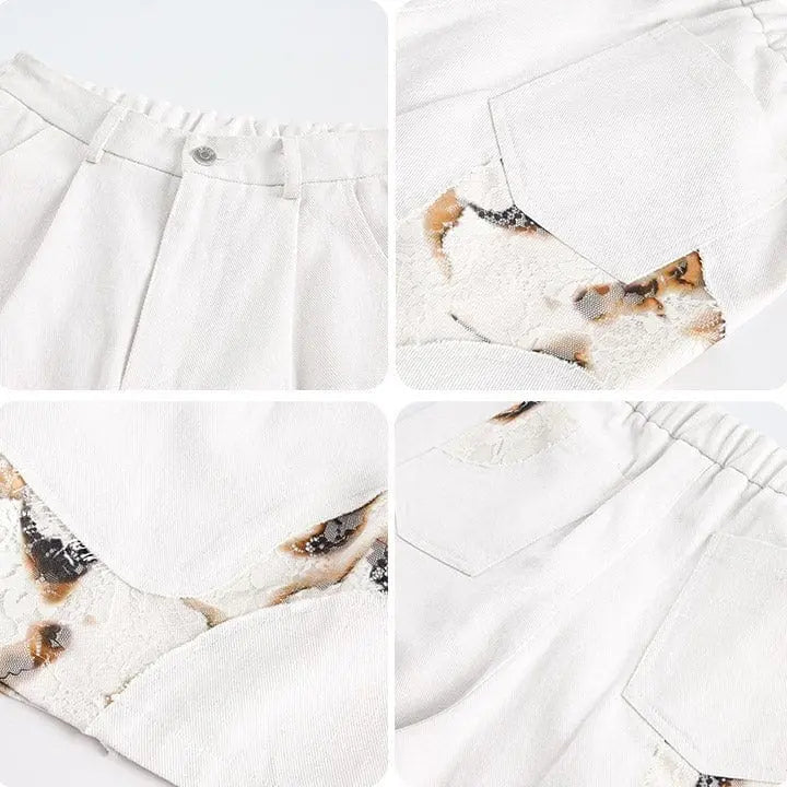 Sneakerhill® White Flame Patchwork Shorts - sneakerhillcom