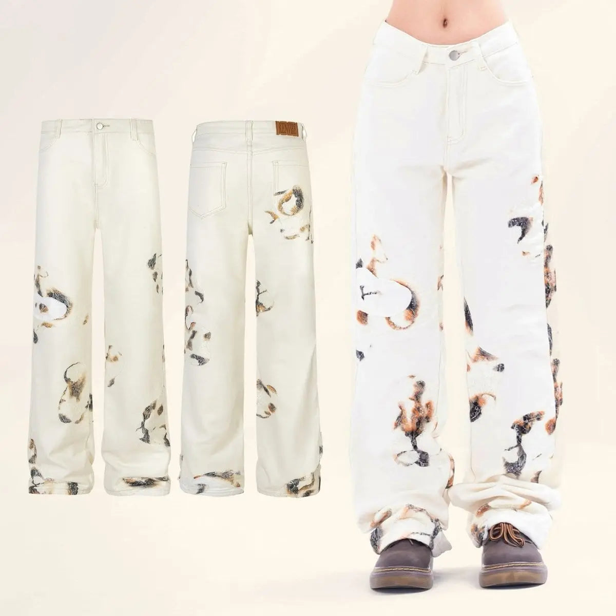 Sneakerhill® White Flame Print Straight Leg Jeans - sneakerhillcom