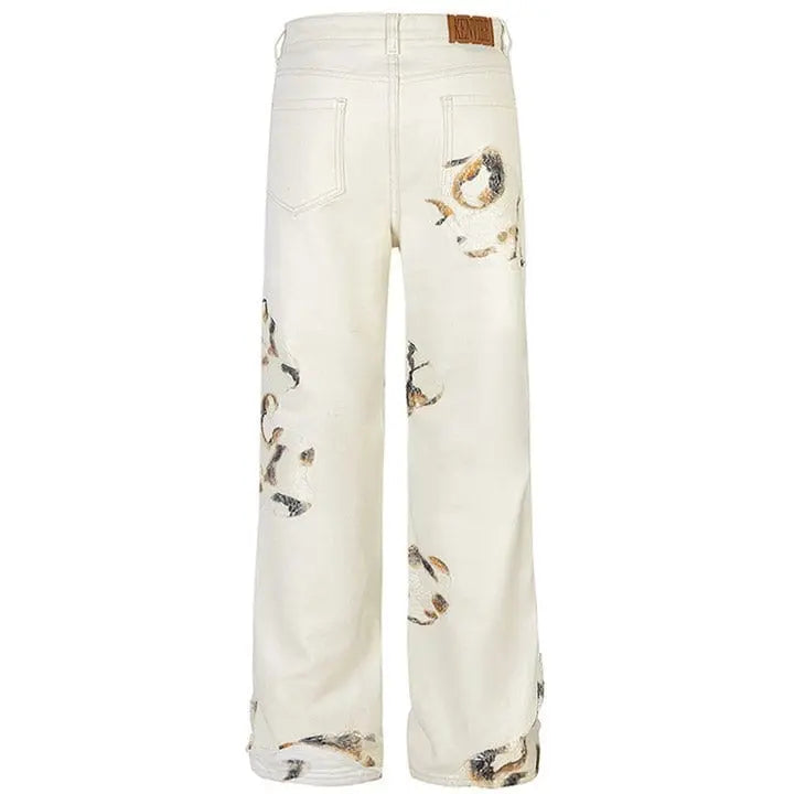 Sneakerhill® White Flame Print Straight Leg Jeans - sneakerhillcom