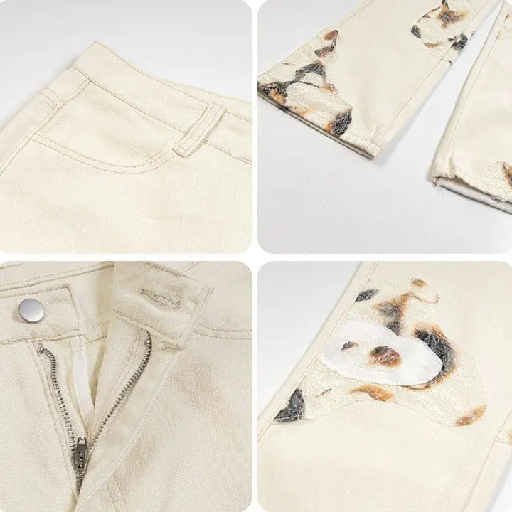 Sneakerhill® White Flame Print Straight Leg Jeans - sneakerhillcom