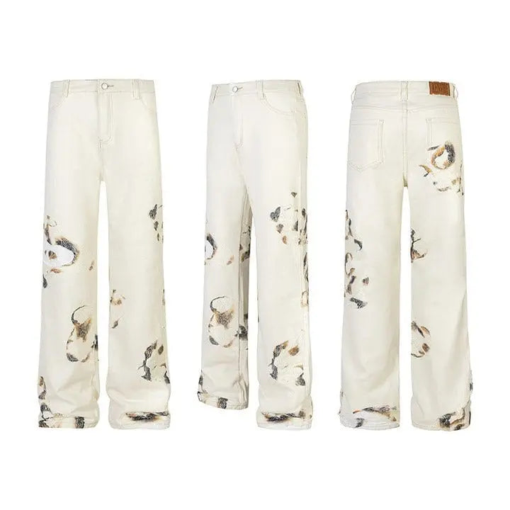 Sneakerhill® White Flame Print Straight Leg Jeans - sneakerhillcom