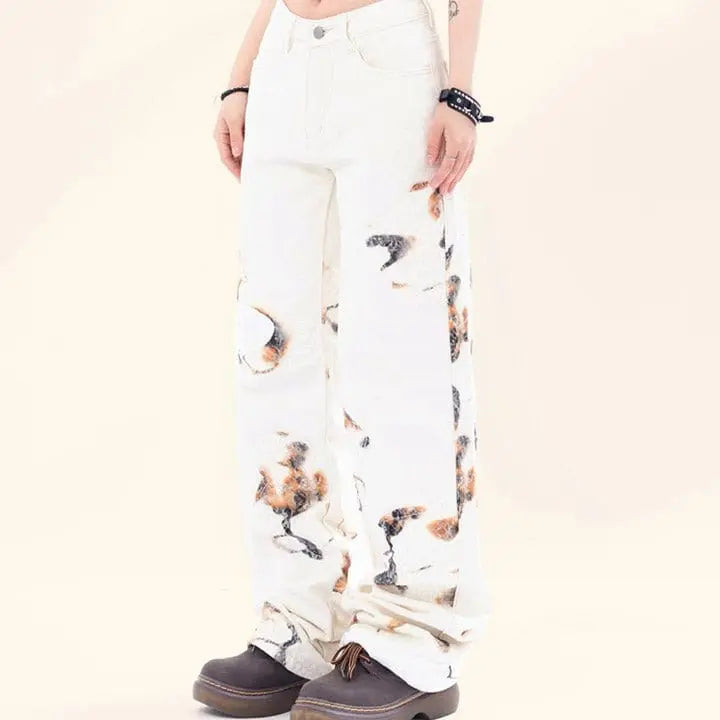 Sneakerhill® White Flame Print Straight Leg Jeans - sneakerhillcom