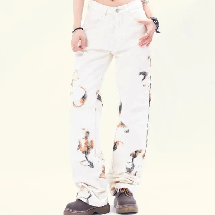 Sneakerhill® White Flame Print Straight Leg Jeans - sneakerhillcom