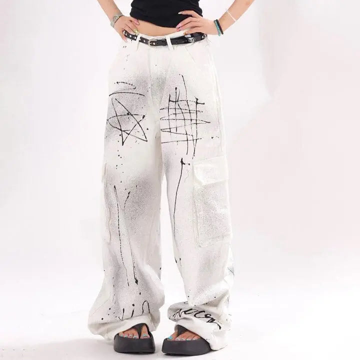 Sneakerhill® White Ink Graffiti Cargo Jeans - sneakerhillcom