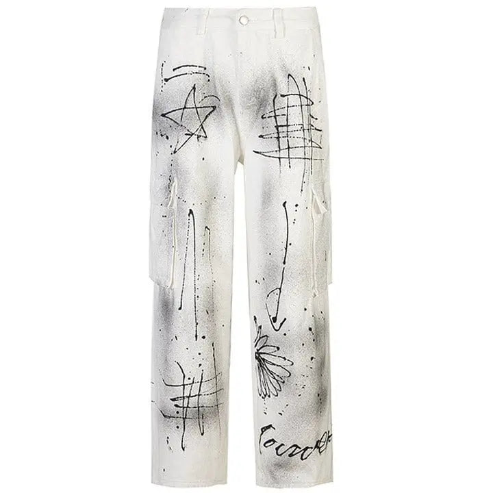 Sneakerhill® White Ink Graffiti Cargo Jeans - sneakerhillcom