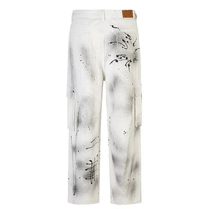 Sneakerhill® White Ink Graffiti Cargo Jeans - sneakerhillcom