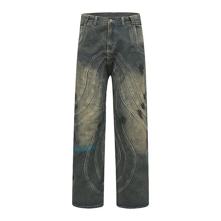 Sneakerhill® Wrinkled Patchwork Straight Leg Jeans - sneakerhillcom