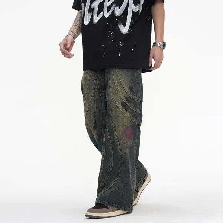 Sneakerhill® Wrinkled Patchwork Straight Leg Jeans - sneakerhillcom