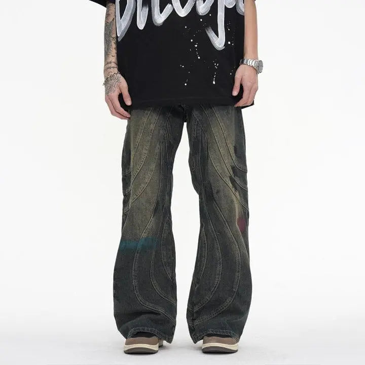 Sneakerhill® Wrinkled Patchwork Straight Leg Jeans - sneakerhillcom