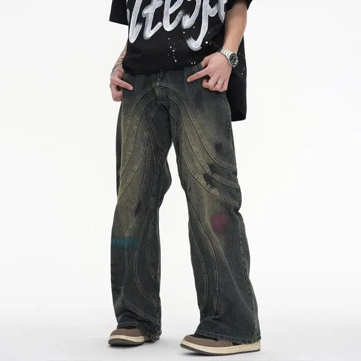 Sneakerhill® Wrinkled Patchwork Straight Leg Jeans - sneakerhillcom