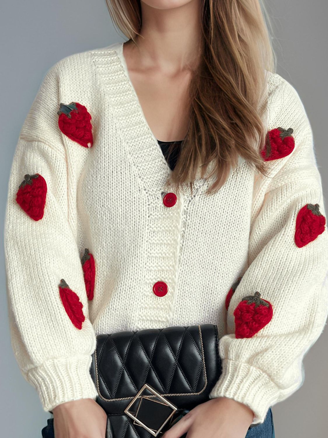 Crochet Strawberry V-Neck Long Sleeve Cardigan Trendsi