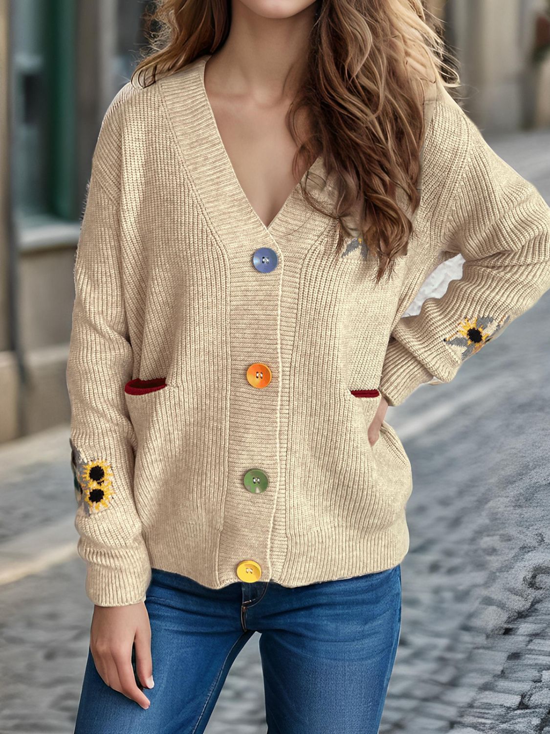 Contrast Button V-Neck Long Sleeve Cardigan Trendsi