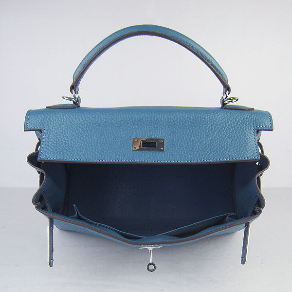 HMS Kelly 32cm Togo Leather Handbag Blue/Silver Kilta bags