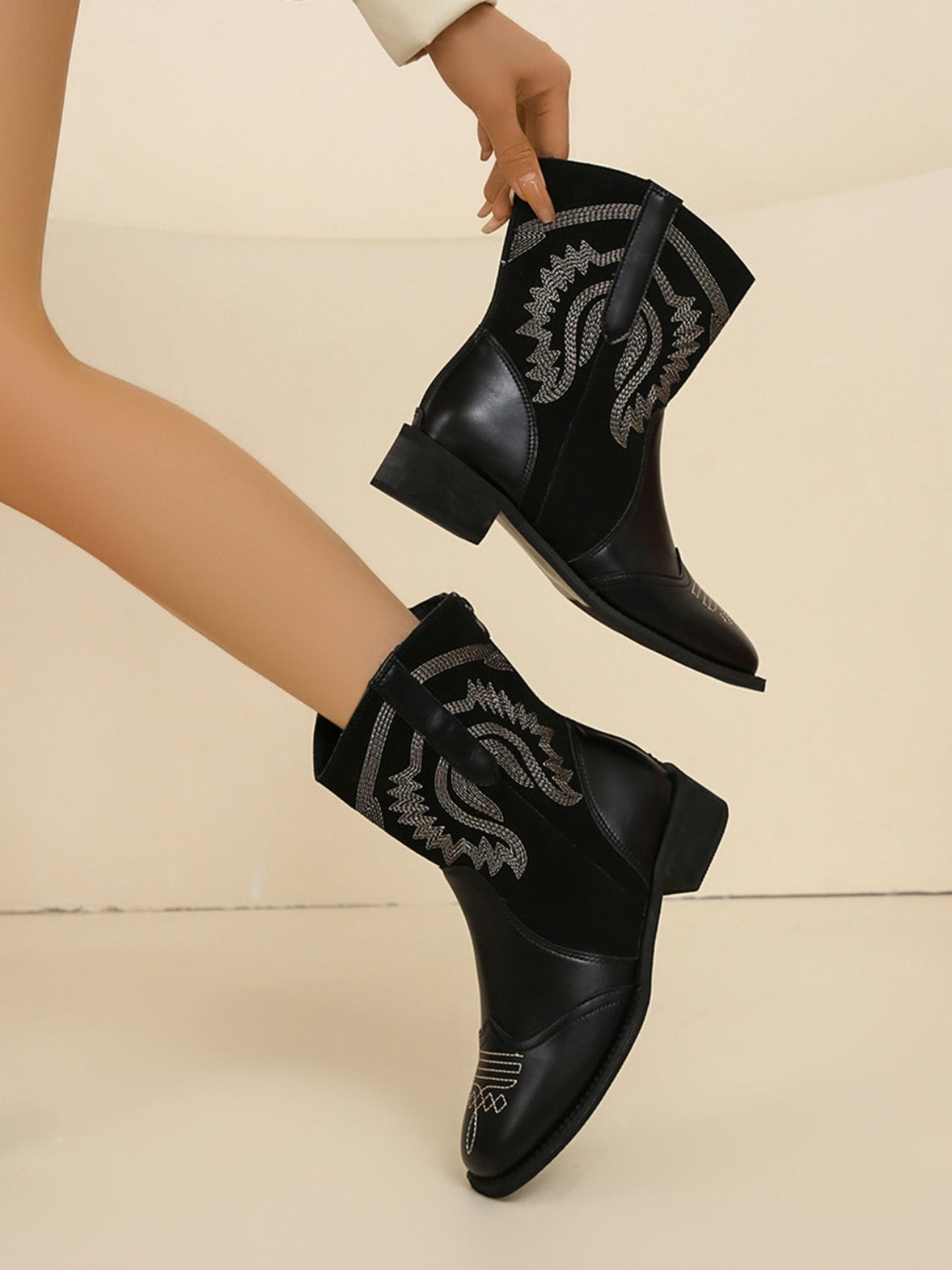 Embroidered PU Leather Block Heel Boots Trendsi