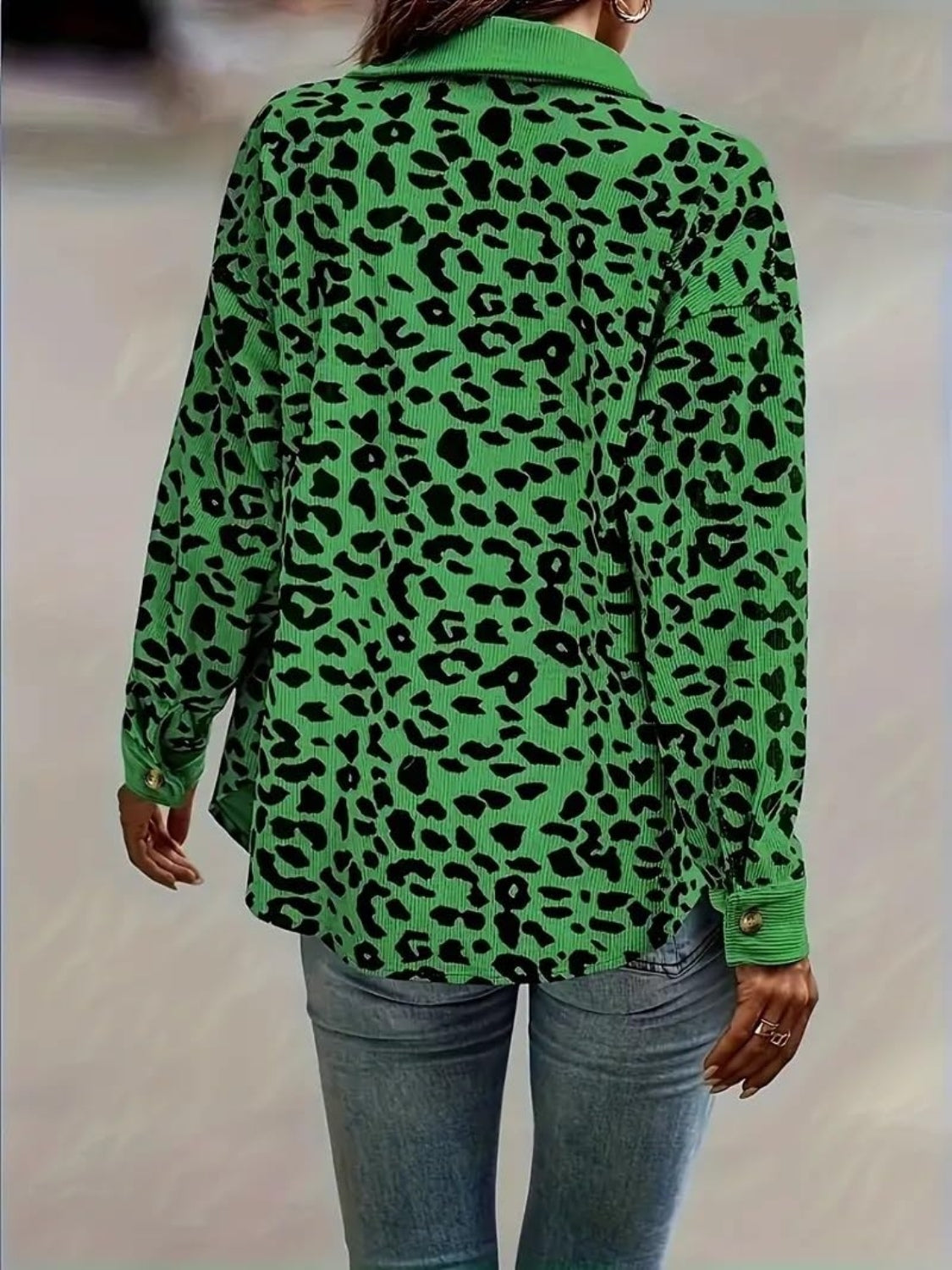 Full Size Leopard Collared Neck Button Up Long Sleeve Jacket Trendsi