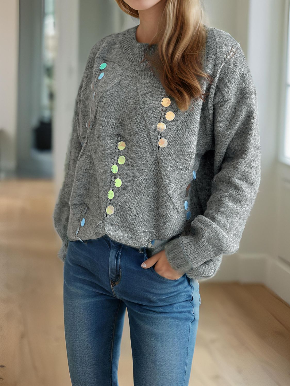 Sequin Mock Neck Long Sleeve Sweater Trendsi